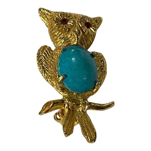 Vtg Gold Toned Owl Turquoise Jelly Belly Body & Red Rhinestone Eyes Brooch Pin - Picture 3 of 4